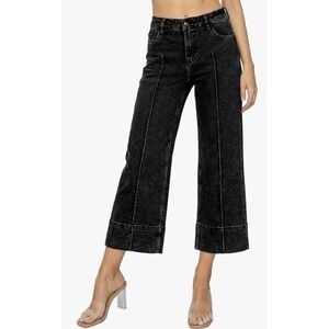 Astylish Wide Leg Jeans Womens 10 Black High Waisted Seam Front Cropped Denim